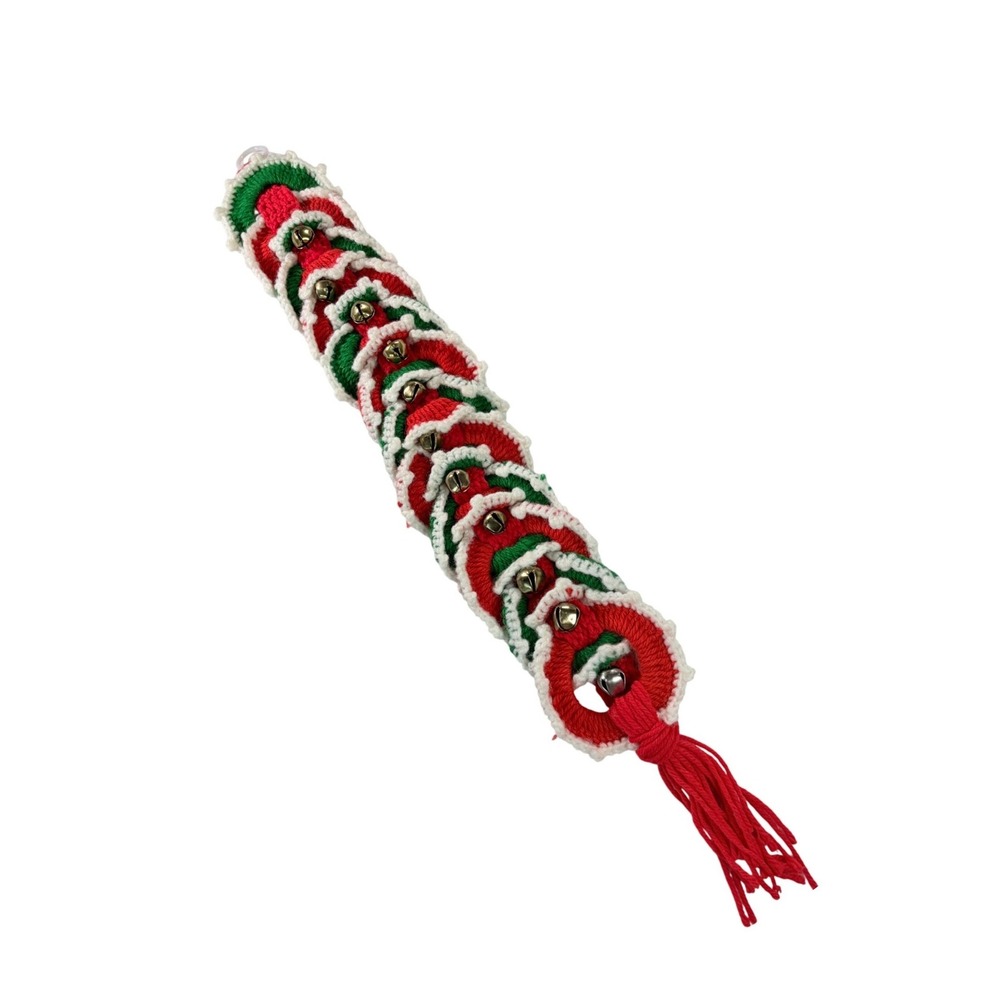 Vintage Macrame Christmas Wall Hanging Bells Red Green White Handmade Holiday